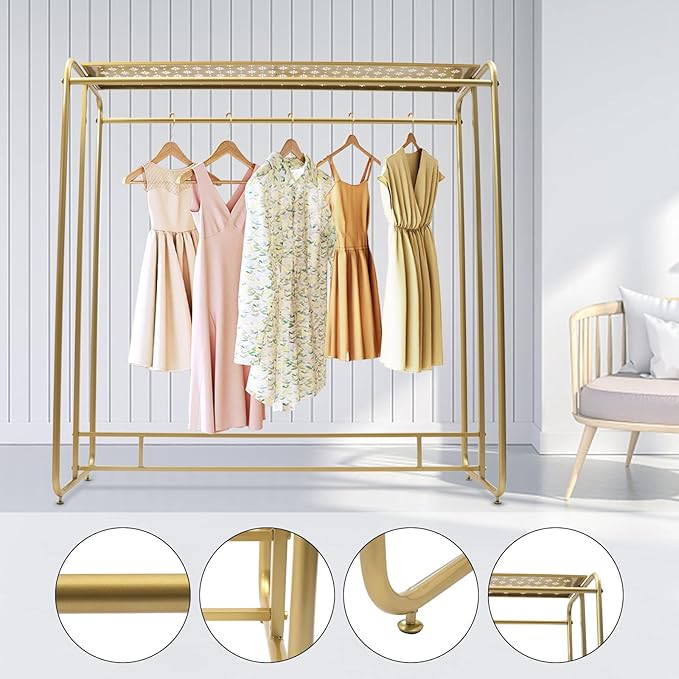 Heavy Duty Gold Clothing, Commercial Gold Rack for Clothes Retail Display Clothes Rack Double Rod Clothing Display Rack Floor Standing Metal Garment Rack for Clothing Stores Iron