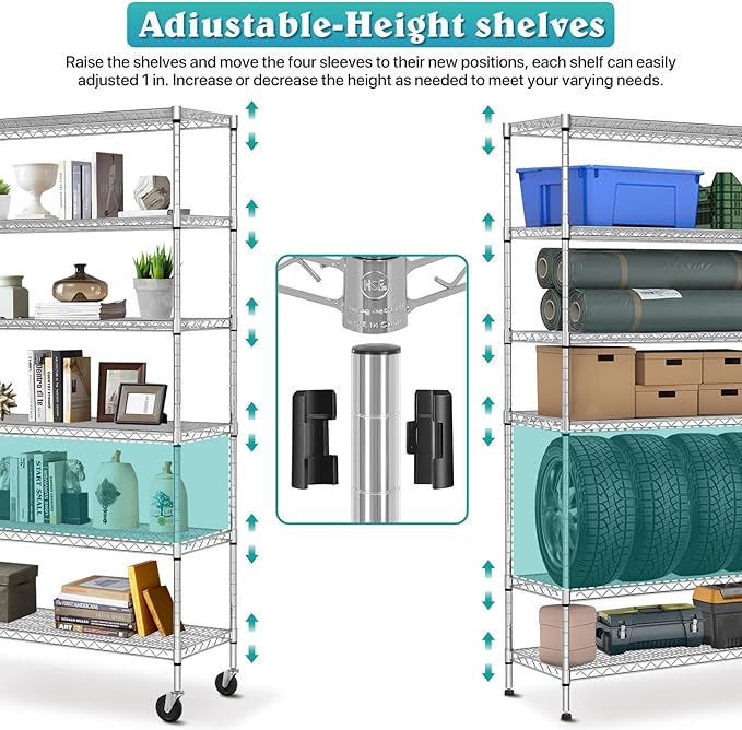 6-Tier Heavy Duty Wire Shelving Unit with Wheels or Leveling Feet, 6000 LBS Total Capacity, Adjustable Metal Storage Rack for Garage, Pantry, Kitchen, Basement, 48" W x 18" D x 76" H, Chrome