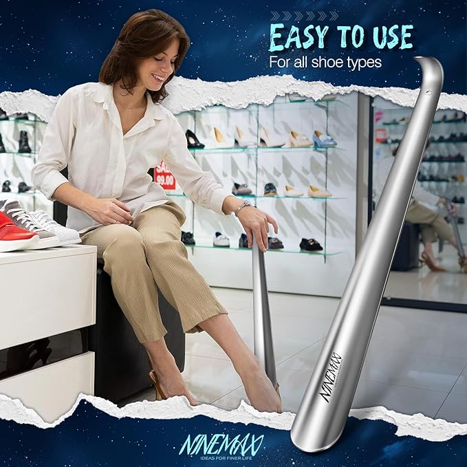 NINEMAX Shoe Horn Long Handle for Seniors Men Women, Metal Long Shoehorn Boot Horn Stainless Steel Shoe Spoon Helper 16.5''(Pack of 2)