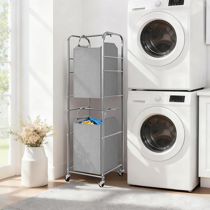 STORAGE MANIAC 2 Tier Vertical Laundry Hamper, 2 Section Laundry Sorter with 2 Removable Tote Bags, Rolling Clothes Basket for Towels, Blankets, Tall Dirty Clothes Hamper for Closet, Bathroom, 2 Bags