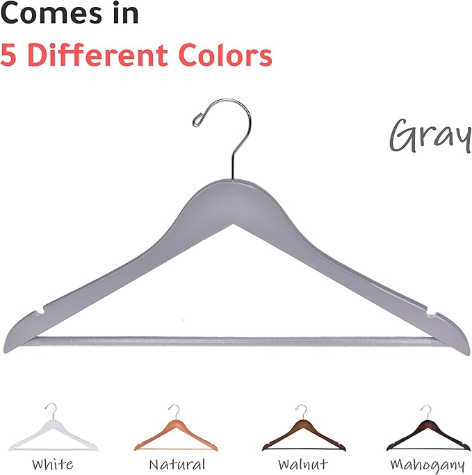 Quality Hangers - Wooden Coat Hangers - Slightly Curved Hanger Set of 20-Pack - Solid Wood with Stylish Chrome Hooks - Heavy-Duty Clothes, Jacket, Shirt, Pants, Suit Hangers (Gray, 20)