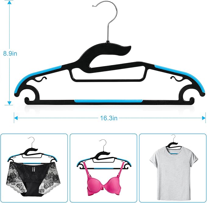 Tinfol 15PC Black Plastic Hangers Space Saving Clothes Hanger, Dry Wet Hangers with Blue Non-Slip Pads Clothes - Suit Hangers Heavy Duty Hanger Perfect for Cloth,Underwear, Pants, Shirts and Sweaters
