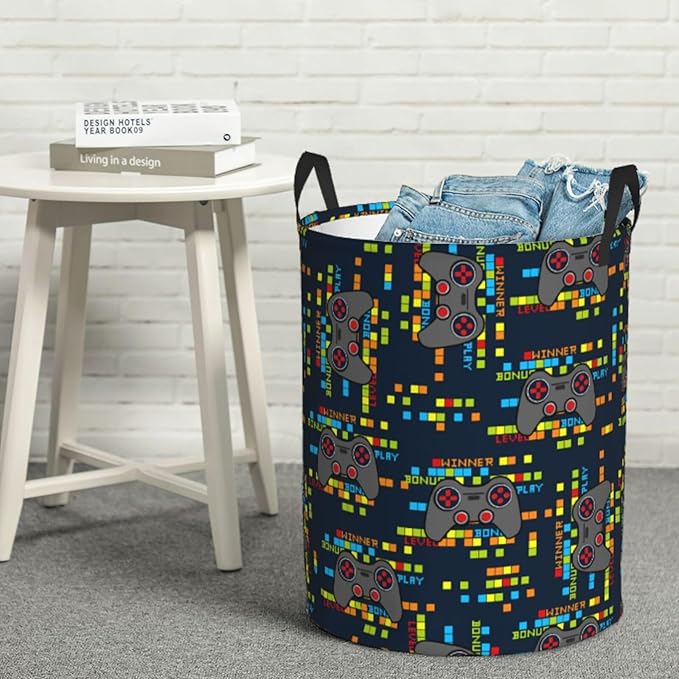 Game Joystick Gaming Pixels Round Laundry Hamper Storage Basket Toys Clothes Organizer Bin For Home Bathroom Bedroom Dorm Nursery, 62l