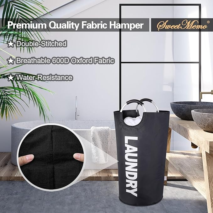 Laundry Basket 2 Pack Collapsible, Freestanding Clothes Hamper Bag with Handles – Tall Folding Dirty Laundry Bin，Sturdy Laundry Sorter for College Dorm, Laundry Room – 95L (Black)