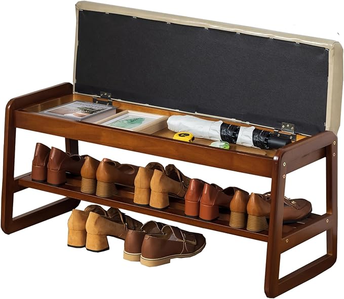 latifolia Solid Wood Bench, Entryway Shoe Bench with Cushion, Flip-Open Storage Compartment, 2-Tier Shoe Organizer(Grey,39.70''L)