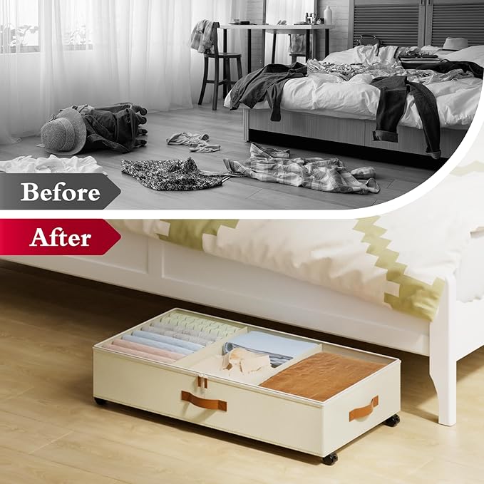 Yecaye Under Bed Storage with Wheels, 2 Pack Under Bed Storage Containers with Adjustable Dividers & Clear Lid, Rolling Underbed Organizer Bins Drawer for Clothes, Shoes, Blankets(33.3 x 16.5 x 6.7in)