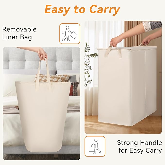 Chrislley 140L Laundry Hamper 2 Section, Double Laundry Basket with Lid, Large Dirty Clothes Hamper with Removable Liner Bags, Collapsible Laundry Organizer for Bedroom, Dorm,Beige