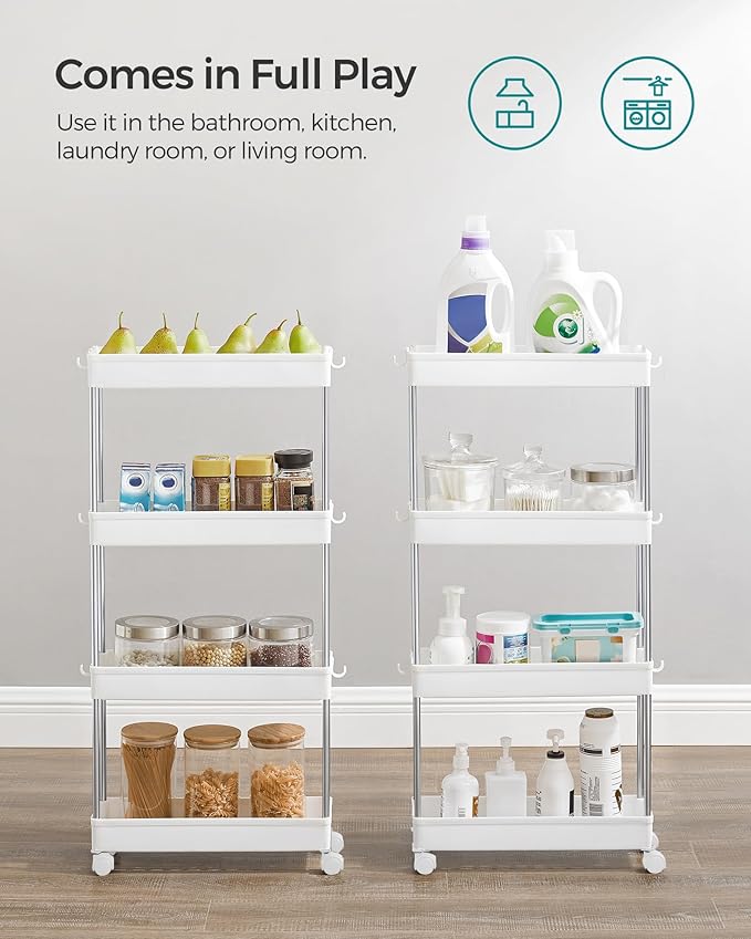 SONGMICS Slim Storage Cart, 4-Tier Rolling Cart, Narrow Utility Cart on Wheels, 6 Hooks, 360° Swivel Wheels, Lockable, Steel Frame, Bathroom, Kitchen, Office, Cloud White UKSC08WT