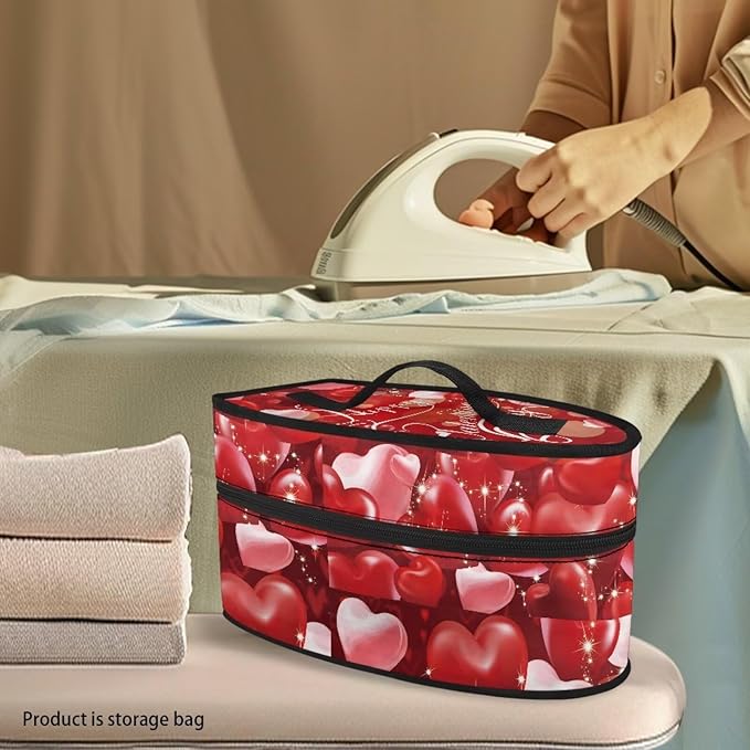 Love Heart Steam Iron Storage Bag with Zipper Handle,Red Iron Protective Cover for Valentine's Day Dust-proof Travel Irons Holder - 11.8x6.69x5.5 in