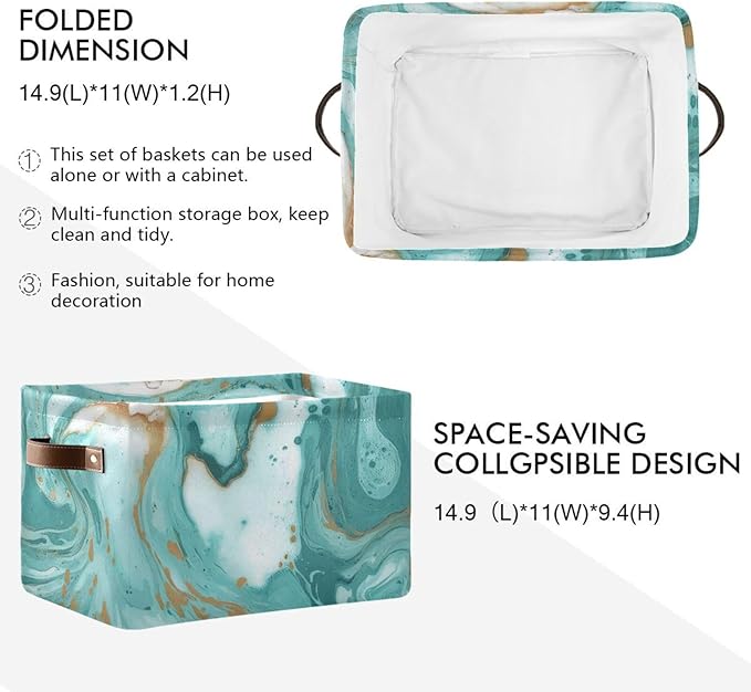 Turquoise Marble Texture Basket Bin Large Storage Basket Toy Basket Canvas Storage Basket Clothes Basket Decorative Basket for Home Office (15x11x9.5inch,2PACK)