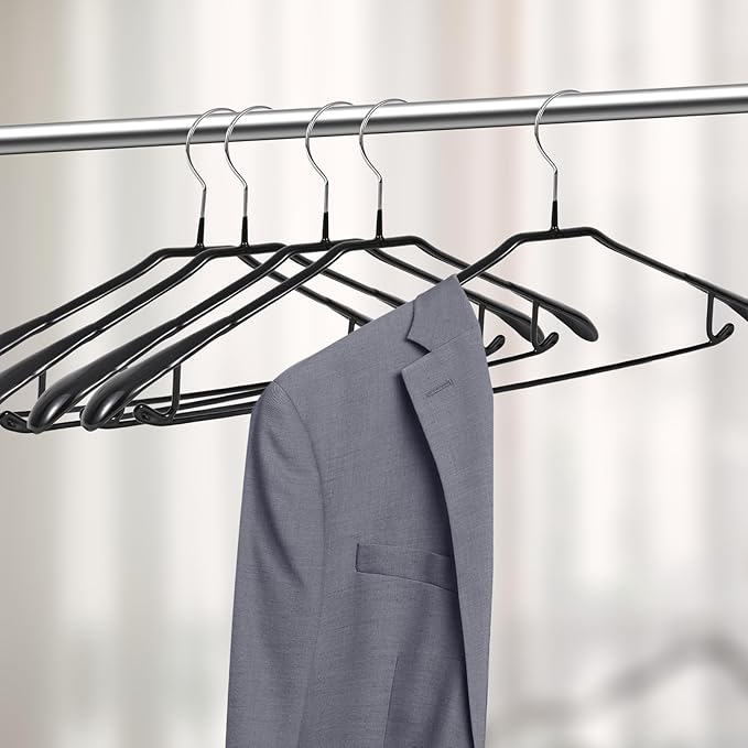 5 Pack Wide Shoulder Hangers Metal Suit Hangers Smooth Soft Gloss Grippy Flexible Thick Rubber Blazer Non Slip Jacket Clothes Hangers Black
