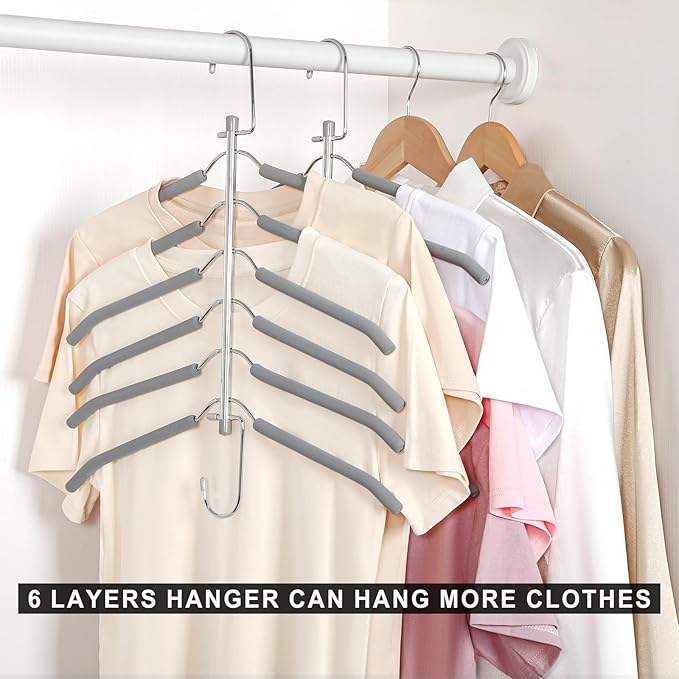 TOPIA HANGER Clothes Hanger Space Saving, 6 Tier Shirt Coat Hangers Space Saving No Bump Shoulder Hangers with No Slip Foam Padded Closet Organizers and Storage for Men and Women 4 Pack CT65G