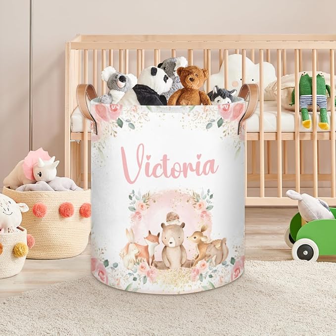 Personalized Laundry Basket, Custom Gift Laundry Hamper, Collapsible Nursery Waterproof Laundry Baskets, Dirty Clothes Toy Hamper with Handles Pink Floral Woodland Animals