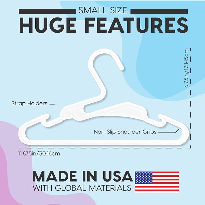 IRIS USA Extra Small Hangers 50 Pack, 11.87" W x 6.75" H, Clothes Hangers with Shoulder Grooves, S- Shaped Design, for Shirt Dress, Durable Flexible, Space Saving Laundry Room Closet Organizer, White