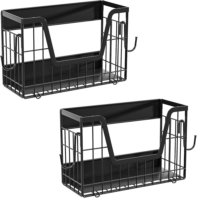 2 Pack Heavy Duty No Assembly Magnetic Basket, Large Capacity Collapsible Black Metal Wire Magnetic Shelf for Fridge Fruit Potato, Magnetic Laundry Organizer with S Hooks