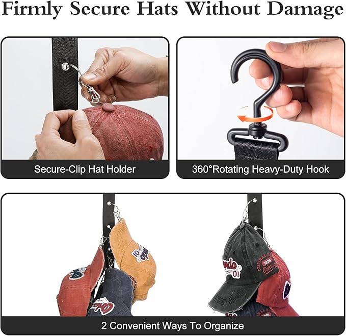 Hat Organizer for Baseball Caps,2 Pack Caps Wall Organizer, Door Hat Racks with 8 Stainless Steel Clips, Hat Hangers for Ball Caps and Accessories for Men and Women, Black