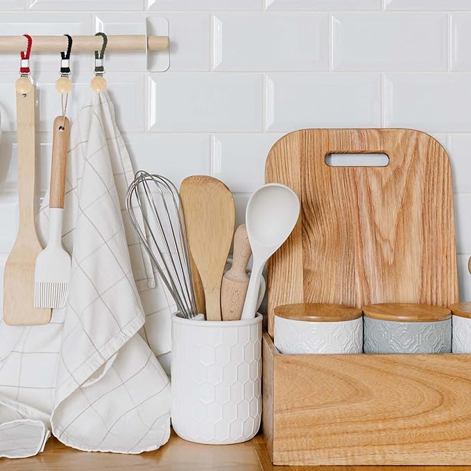 uxcell 5 Pcs Tea Towel Clips with Cotton Loop for Hanging, 4.3 Inch Metal Towel Hooks Multipurpose Cloth Hangers for Home Kitchen Bathroom, White(Wooden)