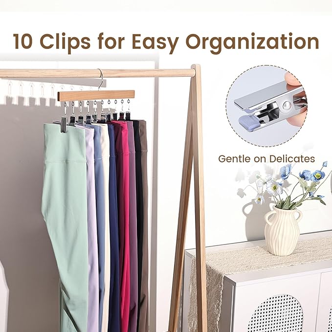 2 Pack Legging Hangers for Closet, Wooden Legging Hanger for Closet Organizer with 20 Upgraded Clips Holds 20 Leggings, 360° Rotatable Space Saving Yoga Pants Hanger for Socks, Shorts, Natural