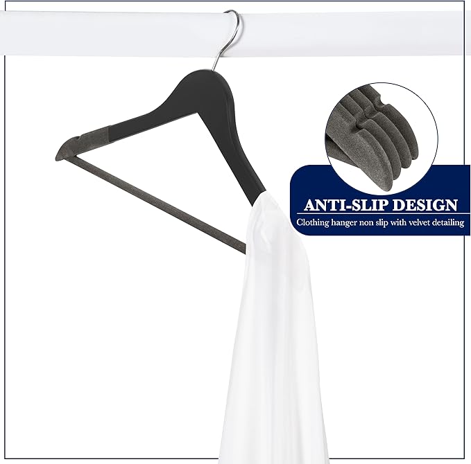 Black Wooden Hangers 20 Pack – Luxury Non-Slip Clothes Hangers for Suits, Pants & Coats – Velvet Bar & 360° Hook – Durable Wooden Coat Hangers for Men & Women- Heavy-Duty for Business & Homes SAMSARC