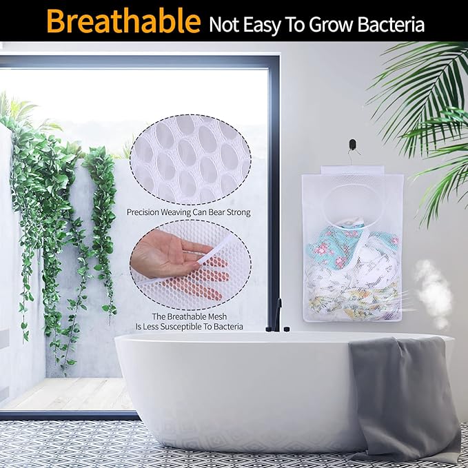 Breathable Mesh Laundry Hamper, Bringing Hooks Foldable Hanging Shower Caddy, Fast Drying Portable Space Saving Storage Bag, Applied to College Dorm Rooms, Gym, Swimming and RV Travel (White)