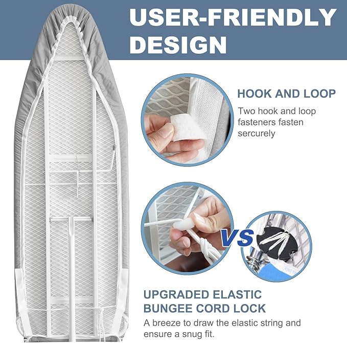 14x42 Inch Over-The-Door Ironing Board Cover with User-Friendly Design, Heavy-Duty Padding, Adjustable Elastic Drawstring and Fasteners - Replacement Iron Board Cover (Grey, 14" x 42")