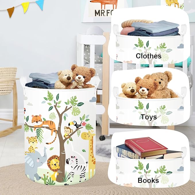 Forest Animals Laundry Hamper Woodland Tree Large Storage Basket Parents Organizer Kids Clothes Toy Bins for Bedroom, Bathroom, Giraffe, 63L