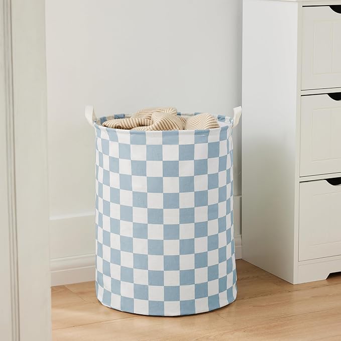 Blue Checkered Laundry Basket, Collapsible Aesthetic Cute Canvas Organizer Hamper Basket for Storage, Toy Bins, Bedroom Clothes, Children Nursery, Gift Basket