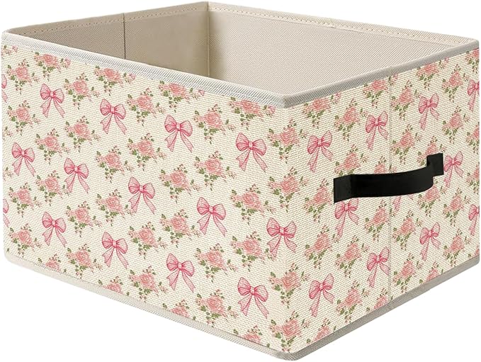 Coquette Pink Bow Rose Floral Storage Bin Box with Handles, Vintage Shabby Chic Cottagecore Pink Flower Foldable Organizer Basket Toybox for Girls Bedroom Bathroom Clothes Toys Books