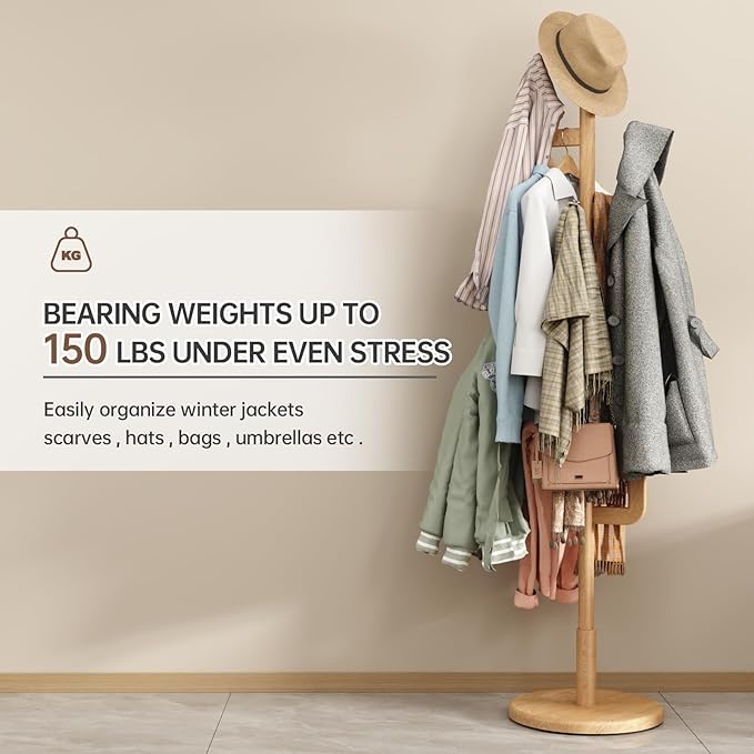 Solid Wood Cactus Coat Rack, Freestanding Coat Rack With 6 L-Shaped Hooks and 3 Adjustable Sizes, Coat Tree for Bedroom, Entryway, Livingroom, Coat Hanger Stand for Coats, Handbags (Natural)