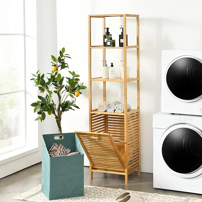 Byroce Bamboo Tilt Out Laundry Hamper with Shelves, 4-Tier Storage Shelf with Removable Laundry Basket & Handle, Tower Hamper Cabinet Organizer for Bathroom, Bedroom, Laundry Room, Living Room