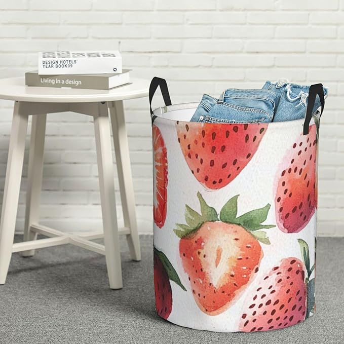Pink Strawberry Print Laundry Basket For Storage Bins Gift Baskets Bedroom Clothes Hamper