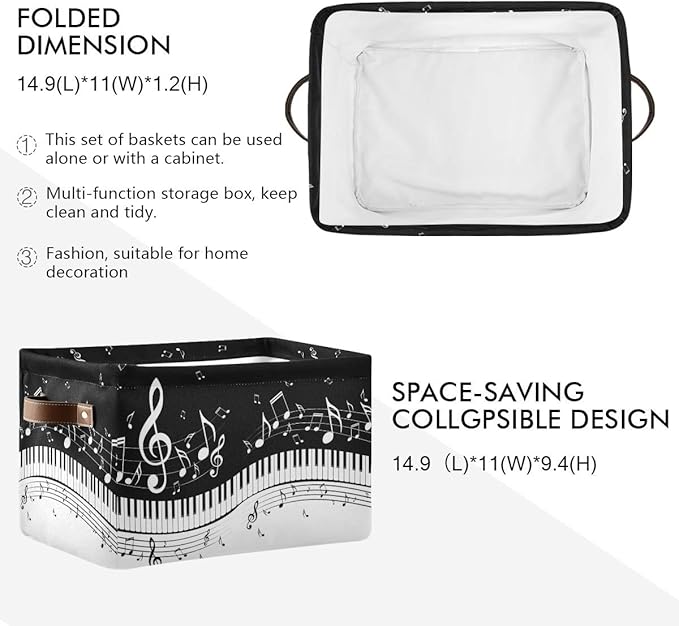 Foldable Storage Baskets, Piano Keys Musical Notes Storage Bins with Handles, Decorative Cloth Organizer Storage Boxes for Home|Office 15 x 11 x 9.5 in