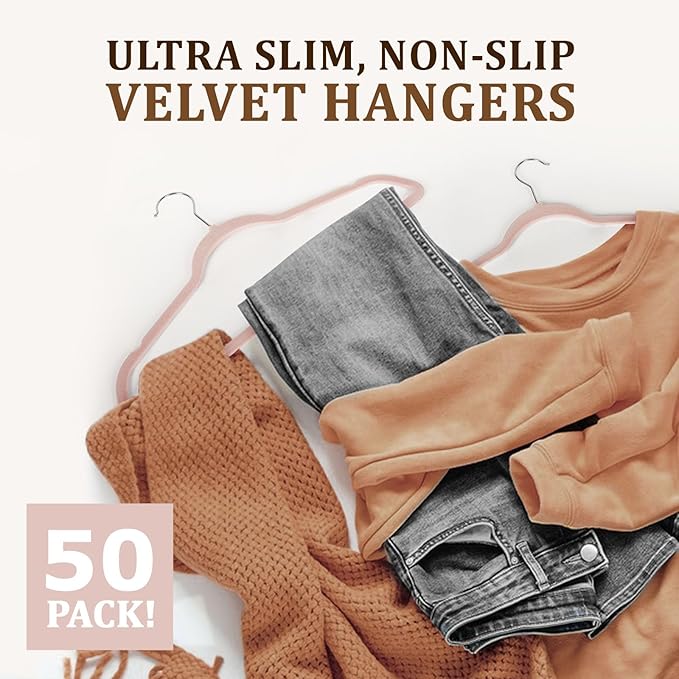 Premium Velvet Hangers - Heavy Duty Pink Non-Slip Space Savers; 50 Pack for Coats, Pants & Dress Clothes