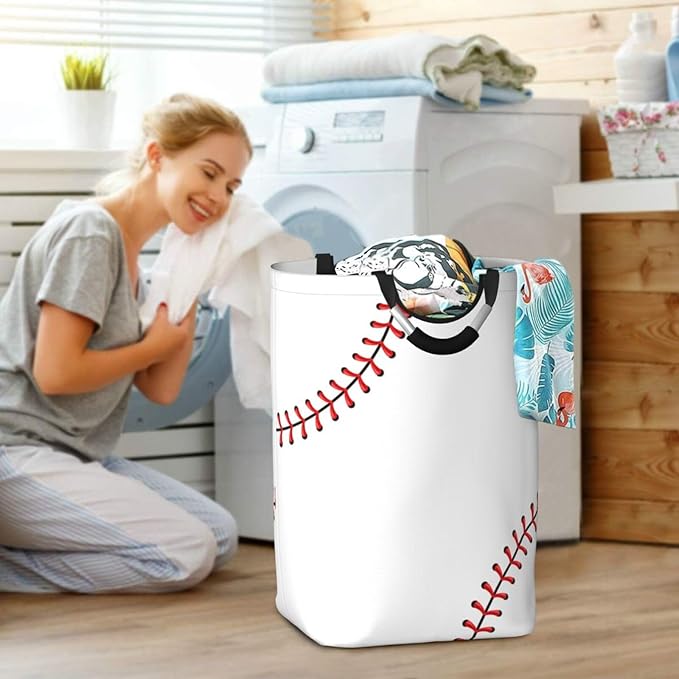 Red Stitching Baseball Laundry Hamper White Ball Storage Basket Toys Clothes Organizer Bin For Home Bathroom Bedroom Dorm Nursery, 52l