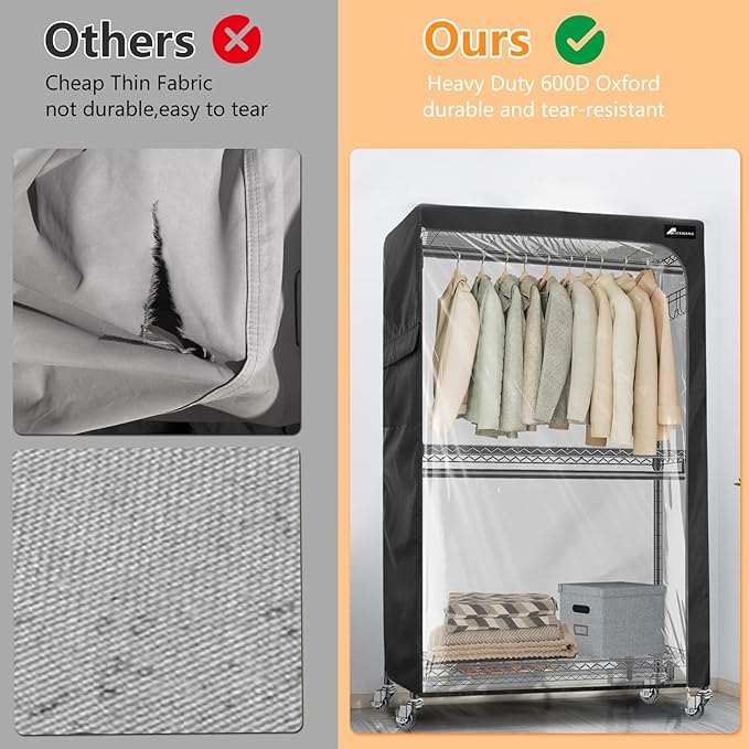 Garment Rack Cover,Heavy Duty 600D Durable Dustproof Waterproof Clothing Rack Covers with Zipper,47.2"W x 17.7"D x 80.7"H Clear Front Clothes Rack Covers (Cover Only)