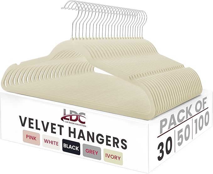 LDC Ivory Velvet Hangers 30 Pack - Premium Non-Slip Clothes Coat Pants Felt Hanger for Closet - Heavy Duty Space Saving 360° Swivel Hook Hangars - Ivory