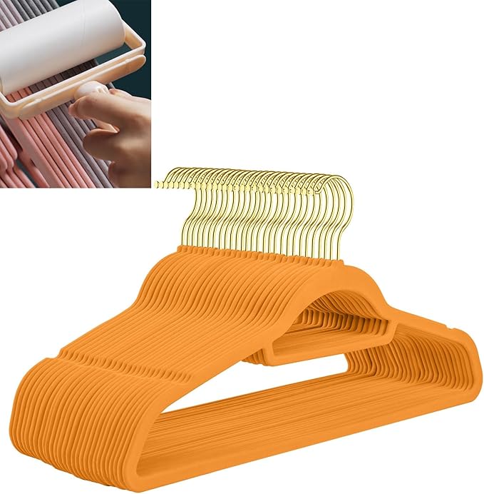 Velvet Hangers,Felt Hangers,Non-Slip Clothes Hanger, Multifunctional Space Saving Clothes Hangers for Wedding Dress & Dress Clothes(Orange 1,50pcs)