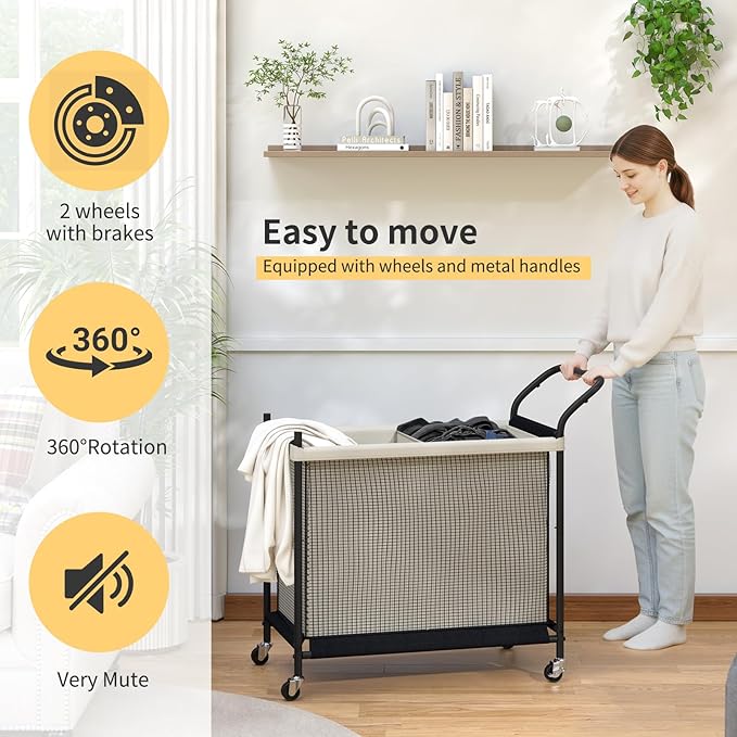 Laundry Hamper with Wheels,Laundry Basket with Removable and Washable Liner Bag, Metal-frame Laundry Cart with Handle for Bedroom, Bathroom, Dorm Room, Laundry Room (140L)