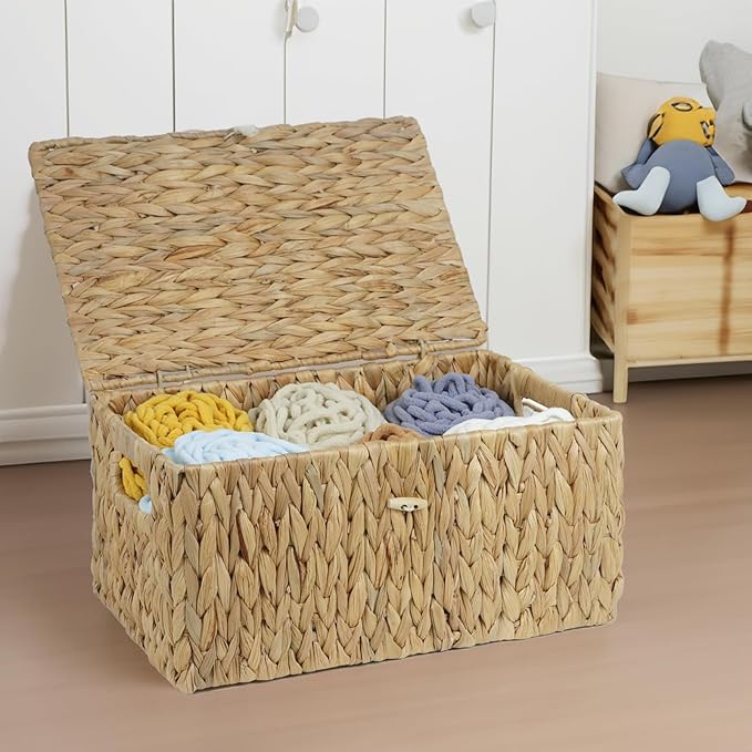 Large Wicker Basket with Lid, Rectangular Water Hyacinth Storage Baskets for Organizing, Woven Basket for Storage, Decorative Boxes Bins with Lids Home Organizer Decor