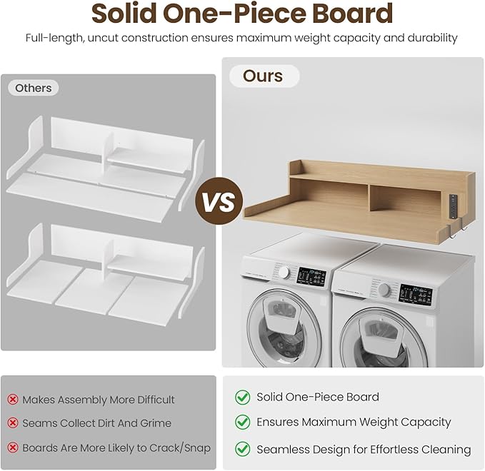Upgraded 2-Tier Washer and Dryer Countertop with Power Outlet,54" W x 27.6" D Large Laundry Countertop for Fold Clothes, Laundry Topper with Non-Slip Pads & Metal Hooks and Storage Basket