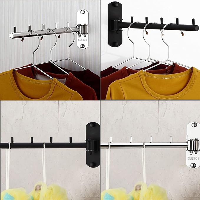 Folding Wall Mounted Clothes Hanger Rack with Swing Arm Stainless Steel Heavy Duty Coat Hook for Bathroom, Bedroom, Laundry Room - Black