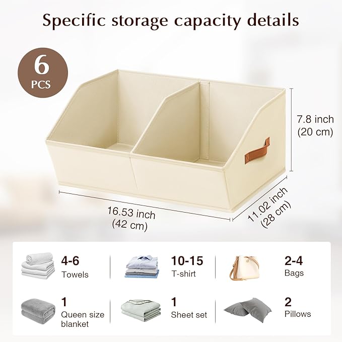 Closet Organizers and Storage Bins - 6 Pack Collapsible Divided Trapezoidal Cube Storage Bins Baskets with Orange Handle for Organizing Clothes Blankets, Toys, Books, Towels(Beige)