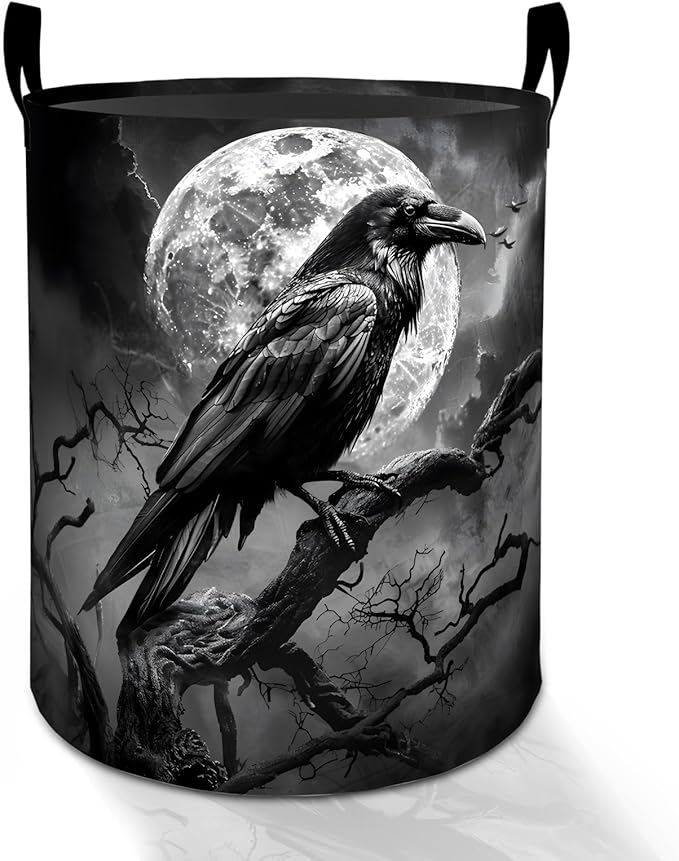 Raven Moon Laundry Basket Hamper for Boys Girls Kids Adults, Foldable Waterproof Oxford Clothes Storage Bin, Gothic Spooky Organizer for Bedroom Bathroom Room Decor 19.7"x15.8"