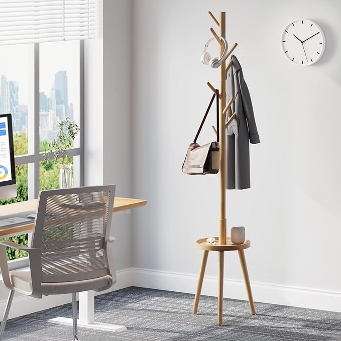 GREENSTELL Coat Rack with 8 Hooks, Wooden Coat Rack Freestanding with Shelf, Coat Tree with 4 Height Options 50.5"-72.6", Coat Hanger Stand for Bags, Clothes, Umbrellas, Hats, in Home, Natural