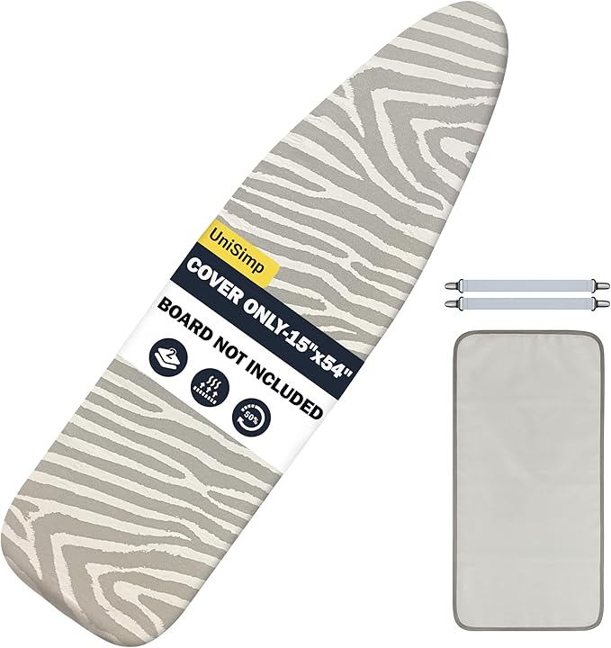 Ironing Board Cover and Pad 15"x54" Extra Thick Natural Cotton, Scorch and Stain Resistant Padding, Standard Size Iron Board Cover with Fasteners Heavy Duty Elastic Edge, Heatproof Zebra