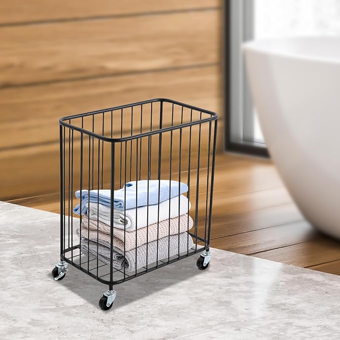 Rolling Laundry Hamper, Large-size Metal Laundry Basket Cart w/Wheels, Wheeled Clothing Hamper for Home, Hotel, Mall, Bathroom, Bedroom and Commercial Laundries (Black)