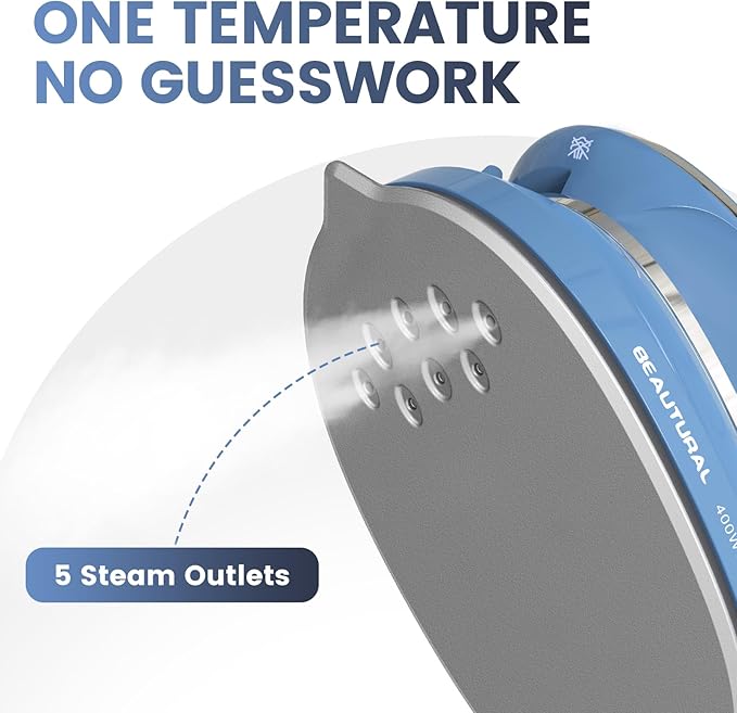 BEAUTURAL Mini Travel Steam Iron for Clothes with Dual Voltage, Non-Stick Soleplate, One Temperature Technology, Detachable Water Tank, Ideal for Sewing, Quilting and Handcraft