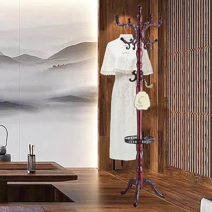 Coat Rack Freestanding, Wooden Tree Coat Rack Stand with 3 Adjustable Sizes Coat Tree and 14 Hooks, Sturdy Hall Tree with Solid Round Base for Entryway, Hallway,Bedroom (Reddish Tray)