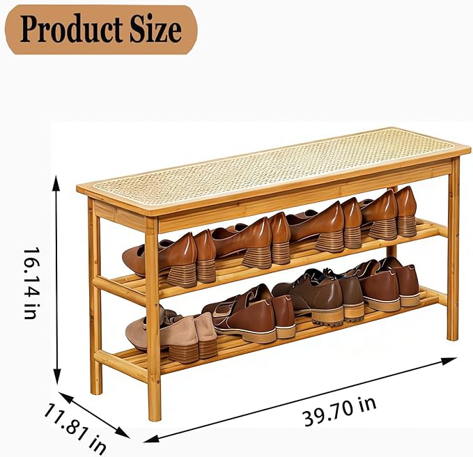 latifolia Shoe Rack Bench, 3-Tier Bamboo Shoe Bench with Breathable Rattan Seat Cushion, Shoe Storage Rack for Entryway(Nautre,39.70''L)