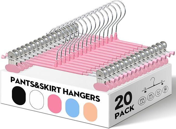 HUADYMEET 20 Pack 14Inch Pants Hangers with Wide Clips,Metal Trouser Hanger for Jeans.Space Saving Skirt Hangers Heavy Duty Non-Slip Adjustable Clothes Shorts Hanger for Women,Men,Pink